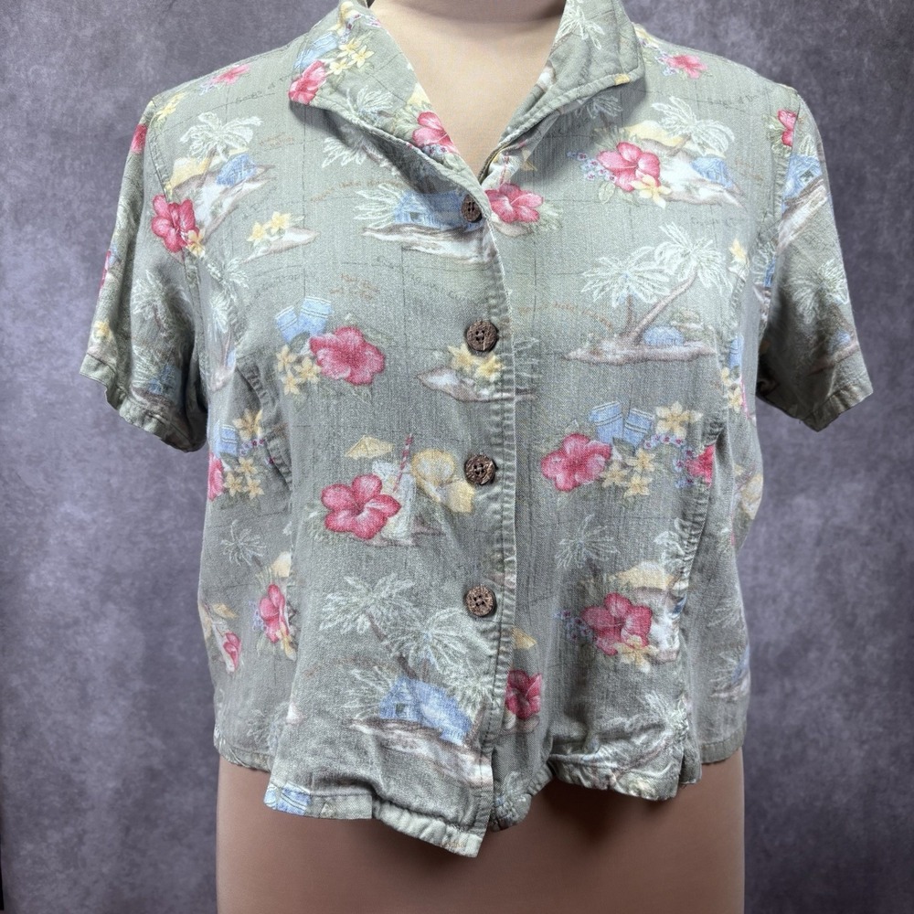 Havana Jacks Cafe Shirt Cropped/Short Women L GreenTropical Floral Short Sleeves